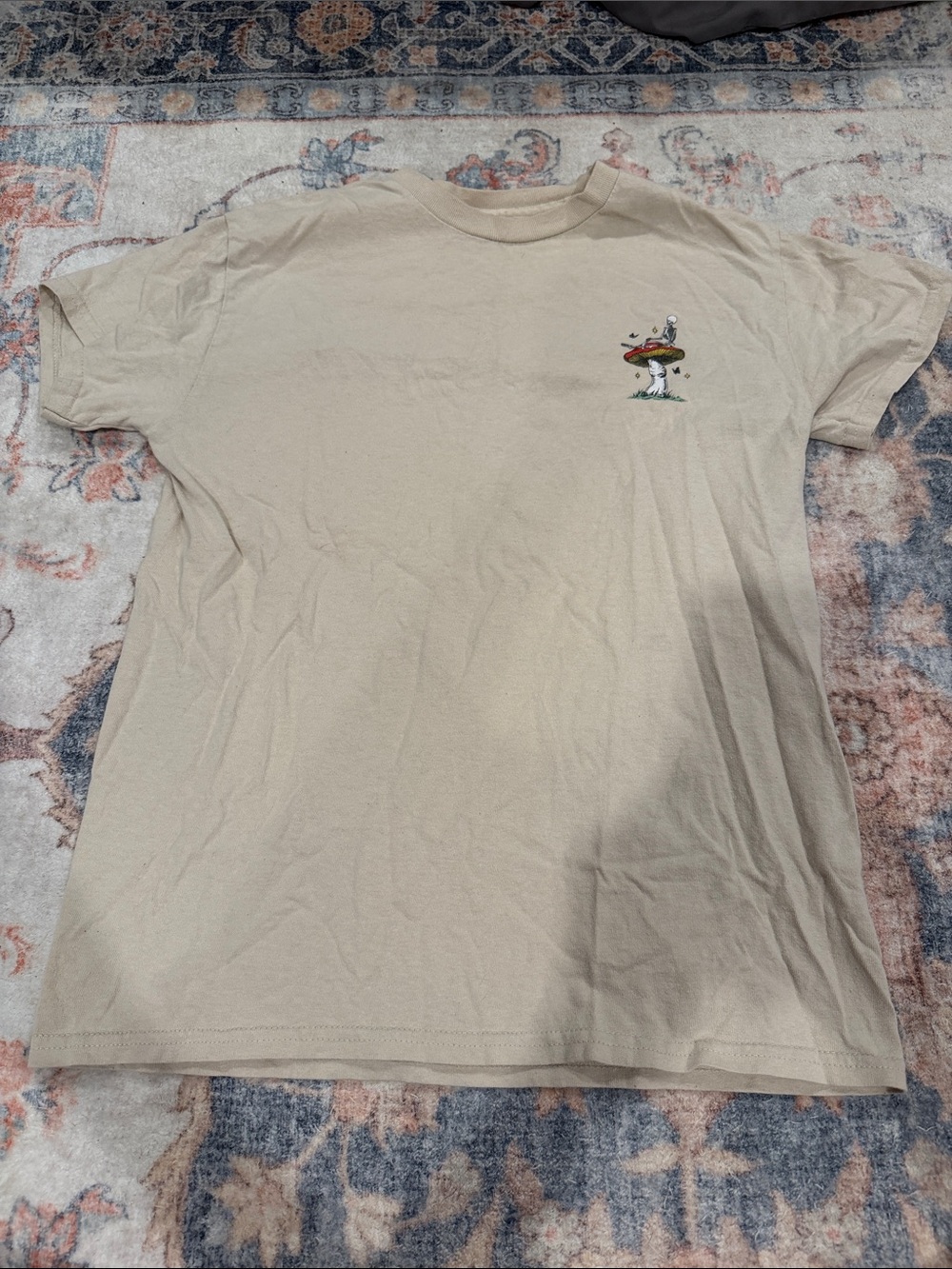 Empyre Beige T-Shirt with Small Mushroom Graphic